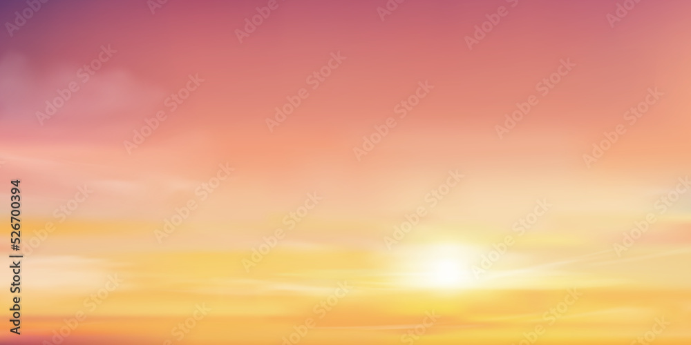 Sunrise Morning with Orange,Yellow and Pink sky, Dramatic twilight landscape with Sunset sky in evening, Vector horizon beautiful nature banner of sunrise or sunlight for four seasons background