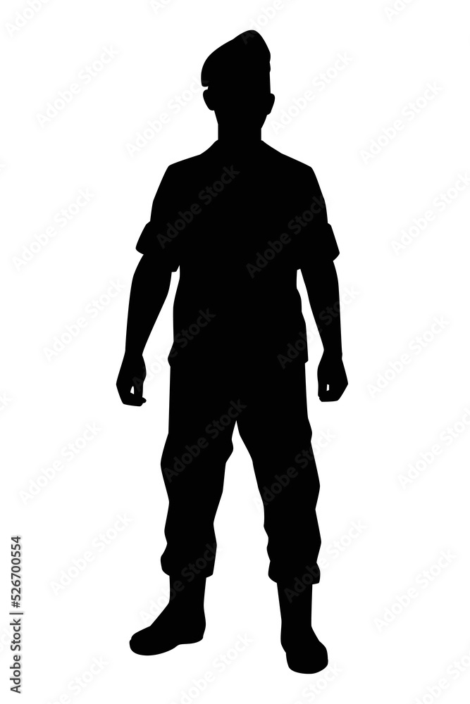 Standing soldier silhouette vector on white background, private, troops, army. Standing soldier silhouette vector on white background, private, troops, army.