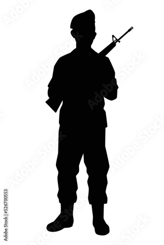 Standing soldier silhouette vector on white background, private, troops, army.