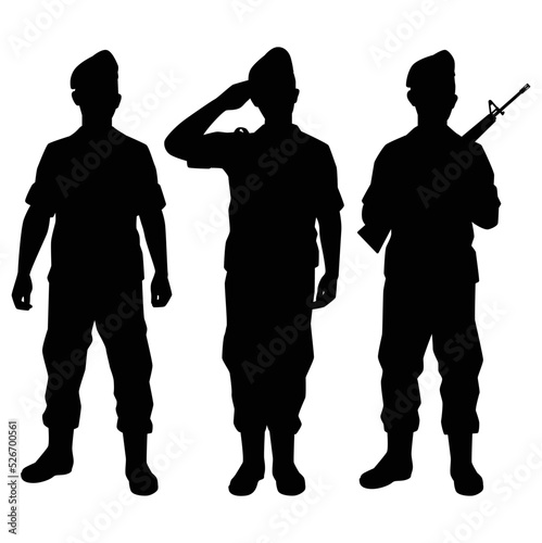 Standing soldier silhouette vector on white background, private, troops, army.