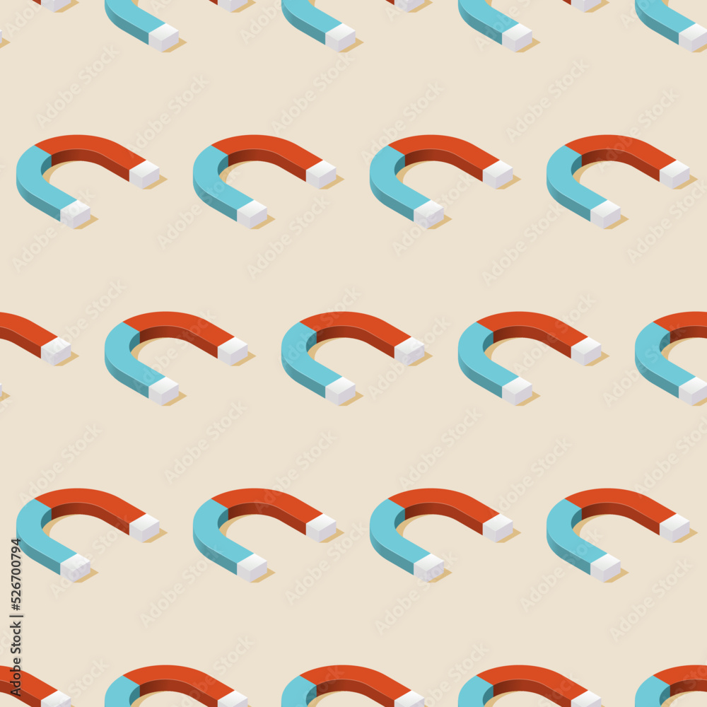 Red blue horseshoe magnet seamless pattern. Vector isometric illustration. Science concept background. Red blue horseshoe magnet seamless pattern. Vector isometric illustration. Science concept background.
