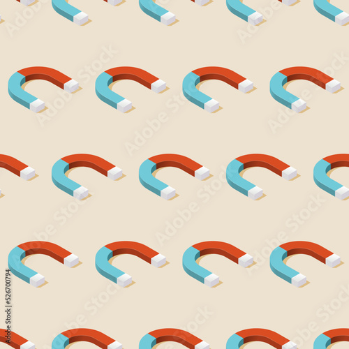 Red blue horseshoe magnet seamless pattern. Vector isometric illustration. Science concept background.