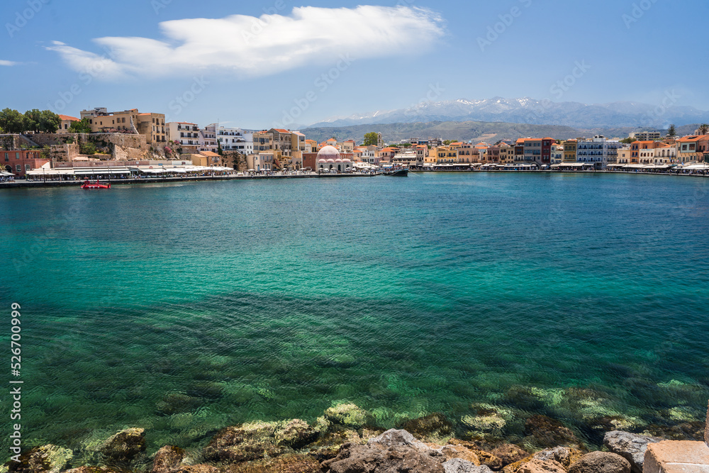 Blue water of the bay in Chania