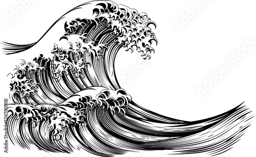 Fotografiet Great Wave Japanese Style Engraving