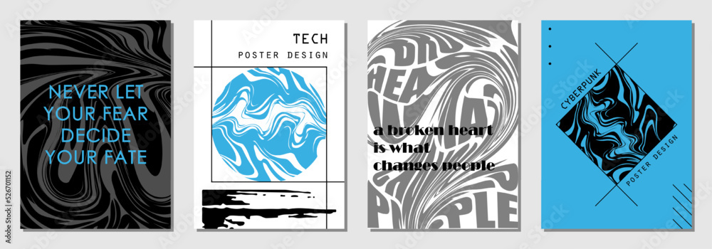 Set of abstract posters in cyberpunk style for your banner, flyer or business card. Modern, trendy colors, minimalism art.