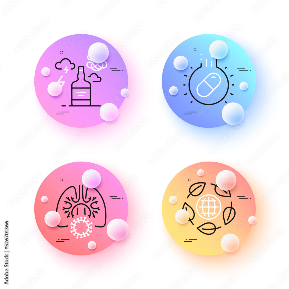 Alcohol addiction, Coronavirus lungs and Eco organic minimal line icons. 3d spheres or balls buttons. Capsule pill icons. For web, application, printing. Vector Alcohol addiction, Coronavirus lungs and Eco organic minimal line icons. 3d spheres or balls buttons. Capsule pill icons. For web, application, printing. Vector