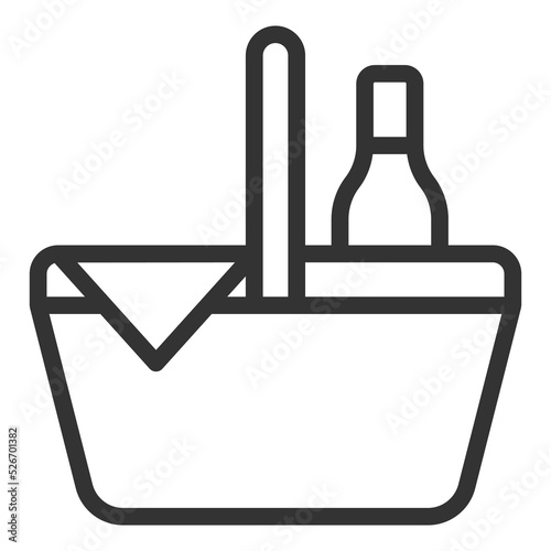 Basket and bottle of wine, picnic set - icon, illustration on white background, outline style