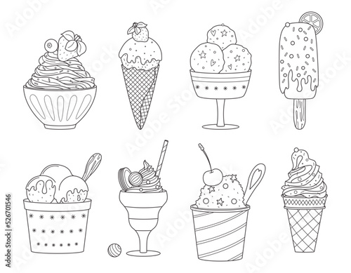 Set of vector outline ice cream. Summer sweet food. Delicious frozen dessert. Collection of different types of an Ice Cream. Hand drawn doodle linear black and white illustrations isolated on white