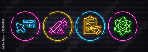 Checklist, Vaccine attention and Quick tips minimal line icons. Neon laser 3d lights. Atom icons. For web, application, printing. Questioning clipboard, Vaccination warning, Helpful tricks. Vector