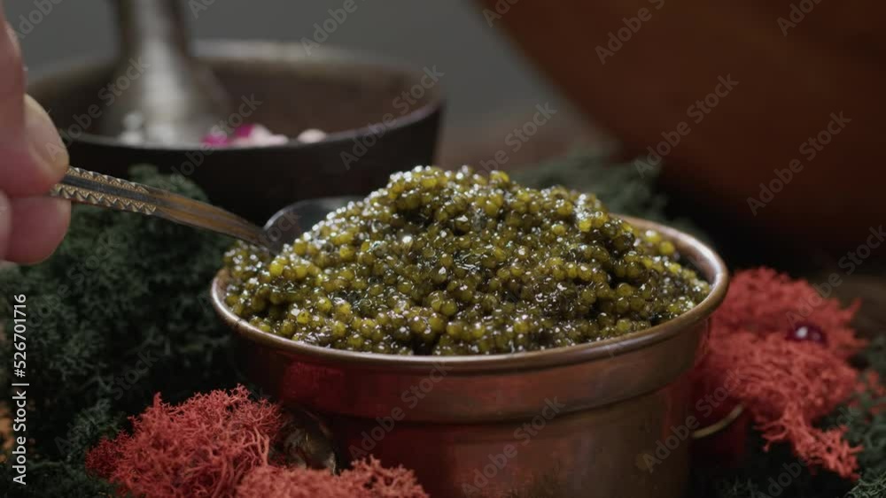 Black caviar in metal dishes is served on dining table. Human hand scoops up teaspoon of delicacy in restaurant, macro close-up Black caviar in metal dishes is served on dining table. Human hand scoops up teaspoon of delicacy in restaurant, macro close-up