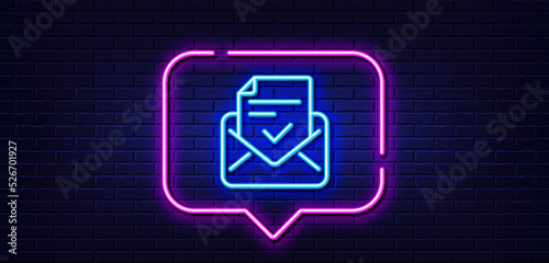 Neon light speech bubble. Approved mail line icon. Accepted or confirmed sign. Document symbol. Neon light background. Approved mail glow line. Brick wall banner. Vector