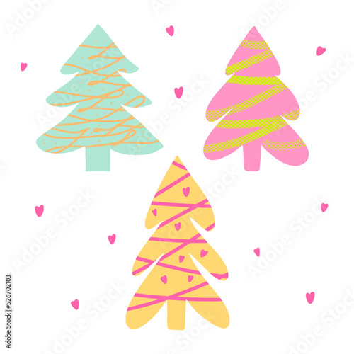 Christmas trees in a bright simple style. Modern vector drawing. Pink, green and blue tree