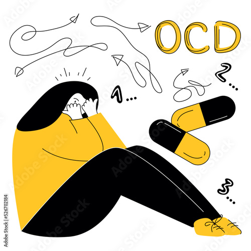 Women has syndrome obsessive compulsive disorder and intrusive thoughts for counting. Vector illustration OCD symptoms of human fear, neurosis and panic attack.