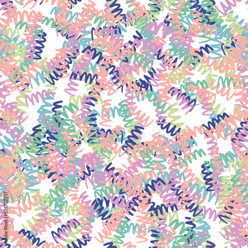 Fantasy messy freehand doodle geometric shapes seamless pattern. Infinity ditsy scribble abstract card, layout. Creative background. Textile, fabric, wrapping paper.