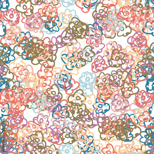 Abstract colorful doodle flower with curls seamless pattern. Messy fantasy floral background.