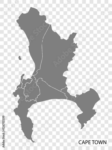 High Quality map of Cape Town is a city of South Africa, with borders of the districts. Map of Cape Town for your web site design, app, UI. South Africa. EPS10.
