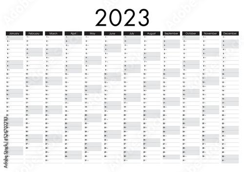 2023 Yearly planner. Horizontal Wall calendar design template. Annual worldwide printable wall planner, diary, activity template - with dates, days of the month and space for personal notes. - Vector