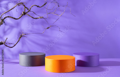 Halloween holiday concept.Podiums or pedestals for products display and leafless tree branches over purple background.