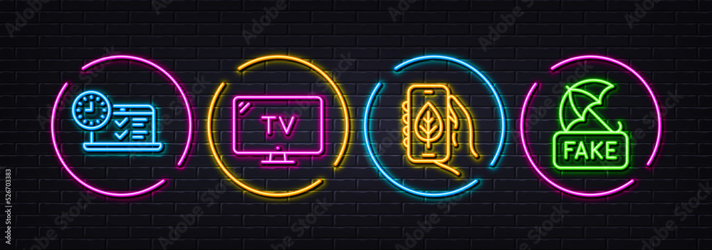Online test, Tv and Ecology app minimal line icons. Neon laser 3d lights. Fake news icons. For web, application, printing. Examination, Television, Smartphone with leaf. Umbrella secure. Vector