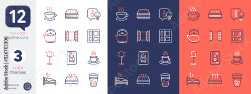 Set of Lamp, Cappuccino and Stand lamp line icons. Include Entrance, Sleep, Teapot icons. Mattress, Ice tea, Coffee vending web elements. Tea cup, Breathable mattress, Open door. Idea light. Vector