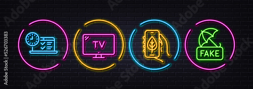 Online test, Tv and Ecology app minimal line icons. Neon laser 3d lights. Fake news icons. For web, application, printing. Examination, Television, Smartphone with leaf. Umbrella secure. Vector