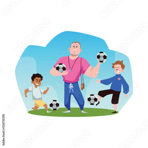 Coach and kids playing football in PE class, flat vector illustration isolated.