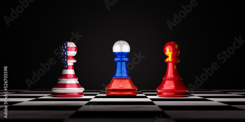 USA Russia and China flag print screen to pawn chess on chessboard with dark background for big three countries military war  political conflict by 3d render.