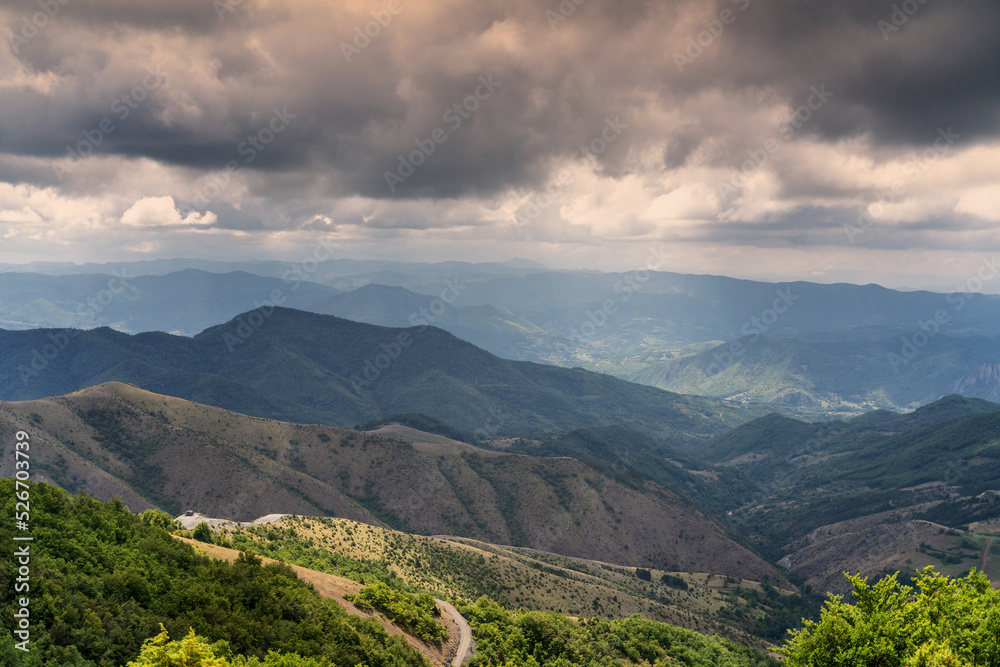 Naklejka premium Beautiful summer mountain landscape, green hills of Kopaonik in Serbia. Travel to Balkans