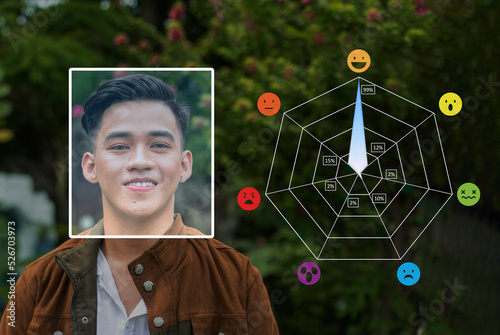 Emotion recognition AI or affective computing concept. Computer vision technology analyzing facial cues and expressions of a smiling young man to assess emotional state probability.