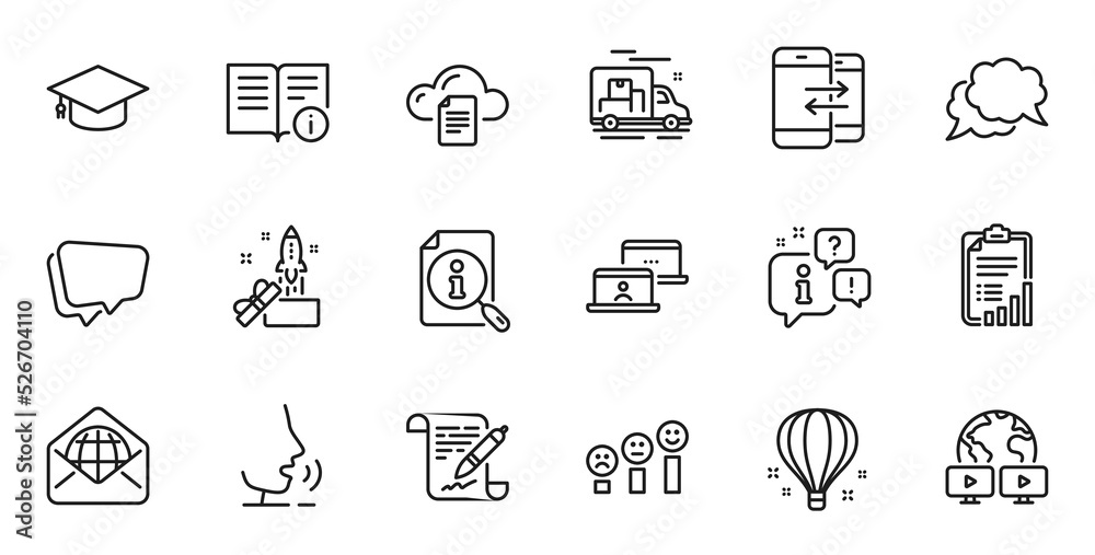 Outline set of File storage, Technical info and Graduation cap line icons for web application. Talk, information, delivery truck outline icon. Vector