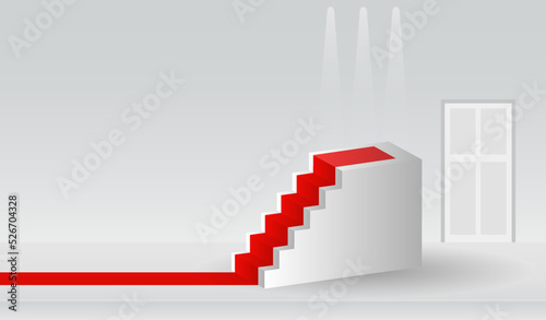 Podium, red carpet and geometric shapes in white tones. An empty space for your design. 3d image.