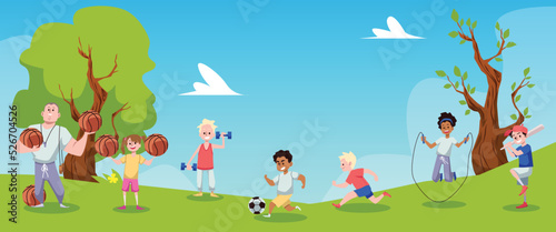 School physical education lesson on sports ground, flat vector illustration.