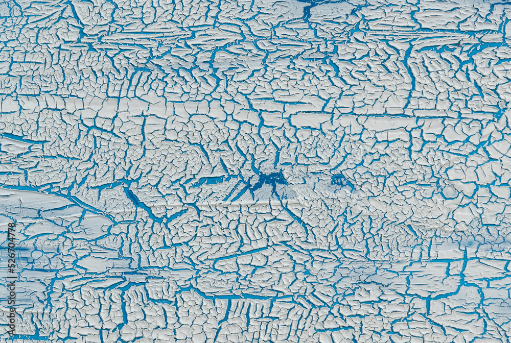 The texture of cracked paint. White texture with a craquelure effect on a blue background The texture of cracked paint. White texture with a craquelure effect on a blue background