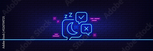 Neon light glow effect. Sleep line icon. Night rest sign. Chat bubble with moon symbol. 3d line neon glow icon. Brick wall banner. Sleep outline. Vector