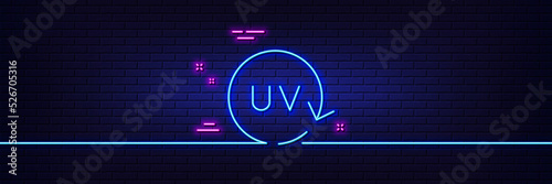 Neon light glow effect. Uv protection cream line icon. Skin care sign. Cosmetic change symbol. 3d line neon glow icon. Brick wall banner. Uv protection outline. Vector
