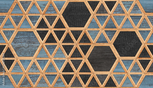 Dark wooden panel with triangular and hexagonal pattern. Seamless wooden background. 