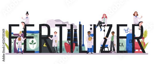 Fertilizer production typographic header with scientists, chemical elements and factory.