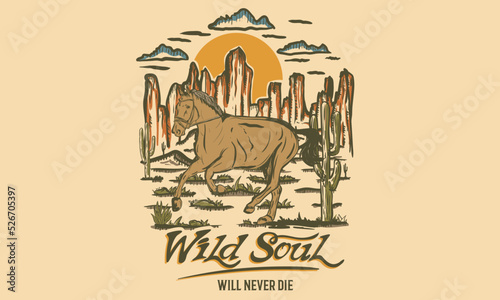 Horse at the desert print design for t shirt. Desert vibes vintage artwork for poster, sticker, apparel and others. Wild soul. Cactus tree.