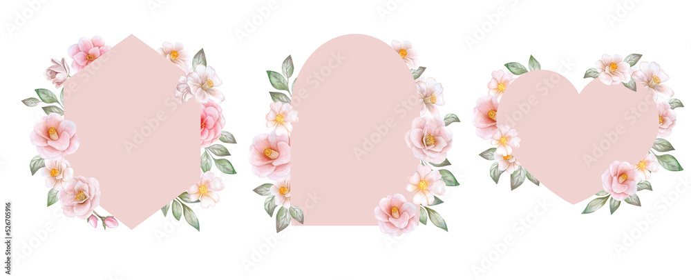 beige, pink border, frame with flowers isolated on white background. Watercolor illustration. Template