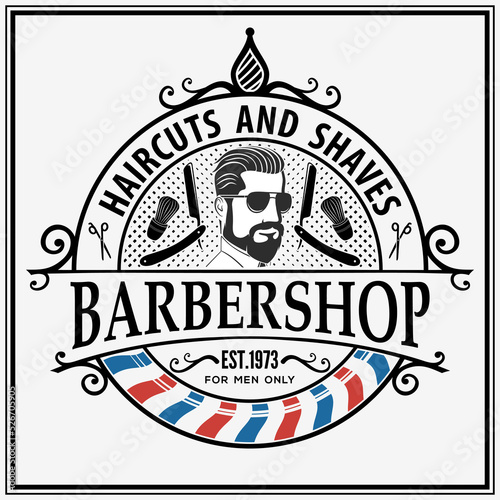Barbershop logo, poster or banner design concept with barber pole and bearded men. Vector illustration	