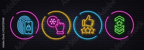 Freezing click, Rating stars and Lock minimal line icons. Neon laser 3d lights. Shoulder strap icons. For web, application, printing. Air conditioner, Thumb up, Biometric lock. Star rank. Vector