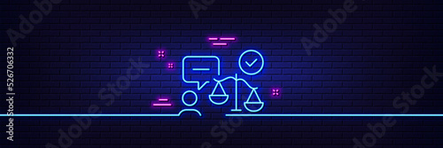 Neon light glow effect. Lawyer line icon. Court judge sign. Justice scale symbol. 3d line neon glow icon. Brick wall banner. Lawyer outline. Vector