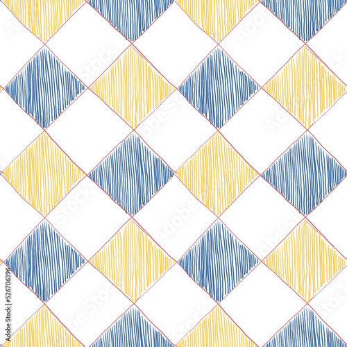 Harlequin bright color seamless pattern. Graphic repeat print in yellow blue white colors with diamonds for textile fabric kitchen decor apparel.