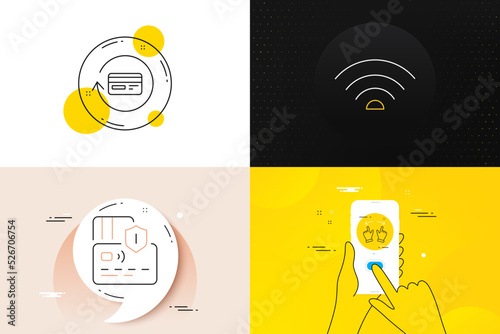 Minimal set of Wifi, Refund commission and Card line icons. Phone screen, Quote banners. Move gesture icons. For web development. Wi-fi internet, Cashback card, Bank payment. Swipe. Vector