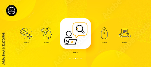 Swipe up, Inspect and Work minimal line icons. Yellow abstract background. Mindfulness stress, Receive file icons. For web, application, printing. Scrolling page, Search info, Settings. Vector