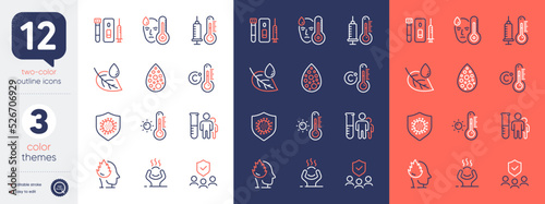 Set of Fever, Medical analyzes and Leaf dew line icons. Include Stress, Difficult stress, Blood and saliva test icons. Thermometer, Coronavirus, Artificial colors web elements. Vector