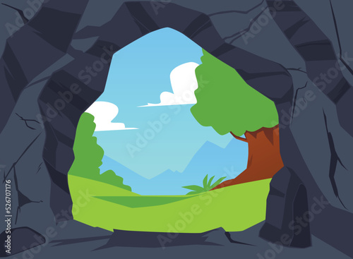 Gray stone cave entrance with day landscape flat style, vector illustration