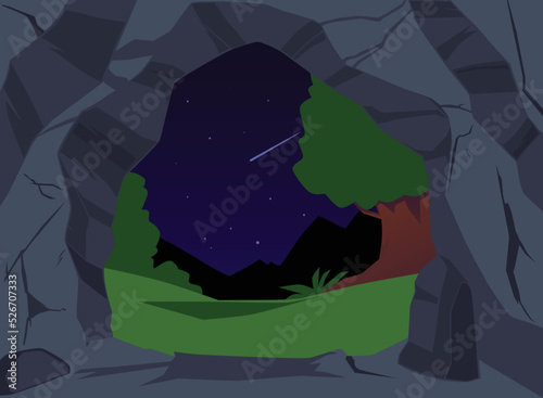 Inside of stone cave, night forest landscape with shooting star in the sky, cartoon flat vector illustration.