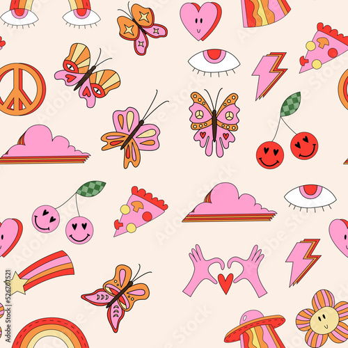 Psychedelic Retro seamless pattern with mushrooms, peace signs, hearts, butterflies. Groovy retro seamless pattern. Nostalgic seamless background for textile. 70s vibes