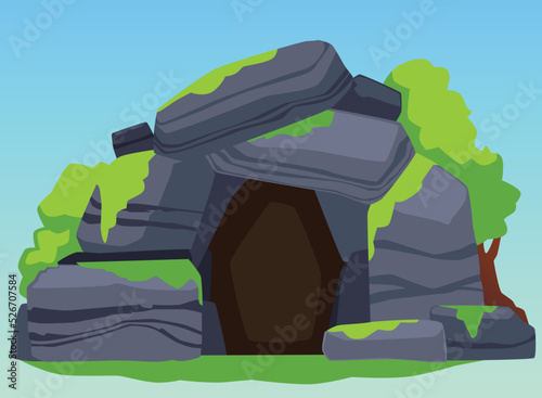 Old abandoned stone cave entrance, cartoon flat vector illustration.